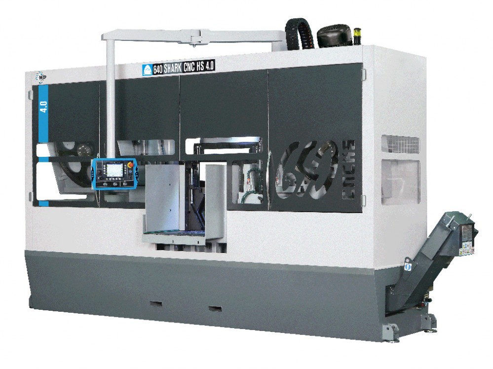 MEP Spa - Shark 640 CNC HS 4.0, automatic double-column bandsaw for 0 cuts on structural, stainless, alloy steels, profiles ,solid parts and profiles with dimensions up to 640x640mm.